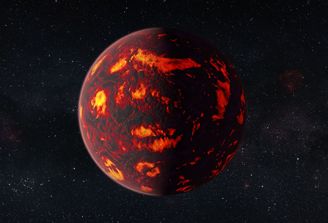 This artist’s impression shows the exoplanet 55 Cancri e as close-up. Due to its proximity to its parent star, the temperatures on the surface of the planet are thought to reach about 2000 degrees Celsius.