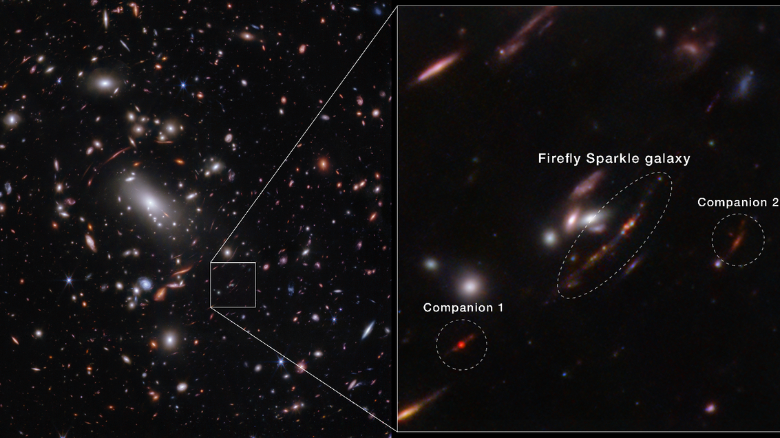 split image showing many bright points on the left, stars and galaxies, with a white box around a faint object, enlarged on the right as a blurry stream of lights circled in a white dotted line.