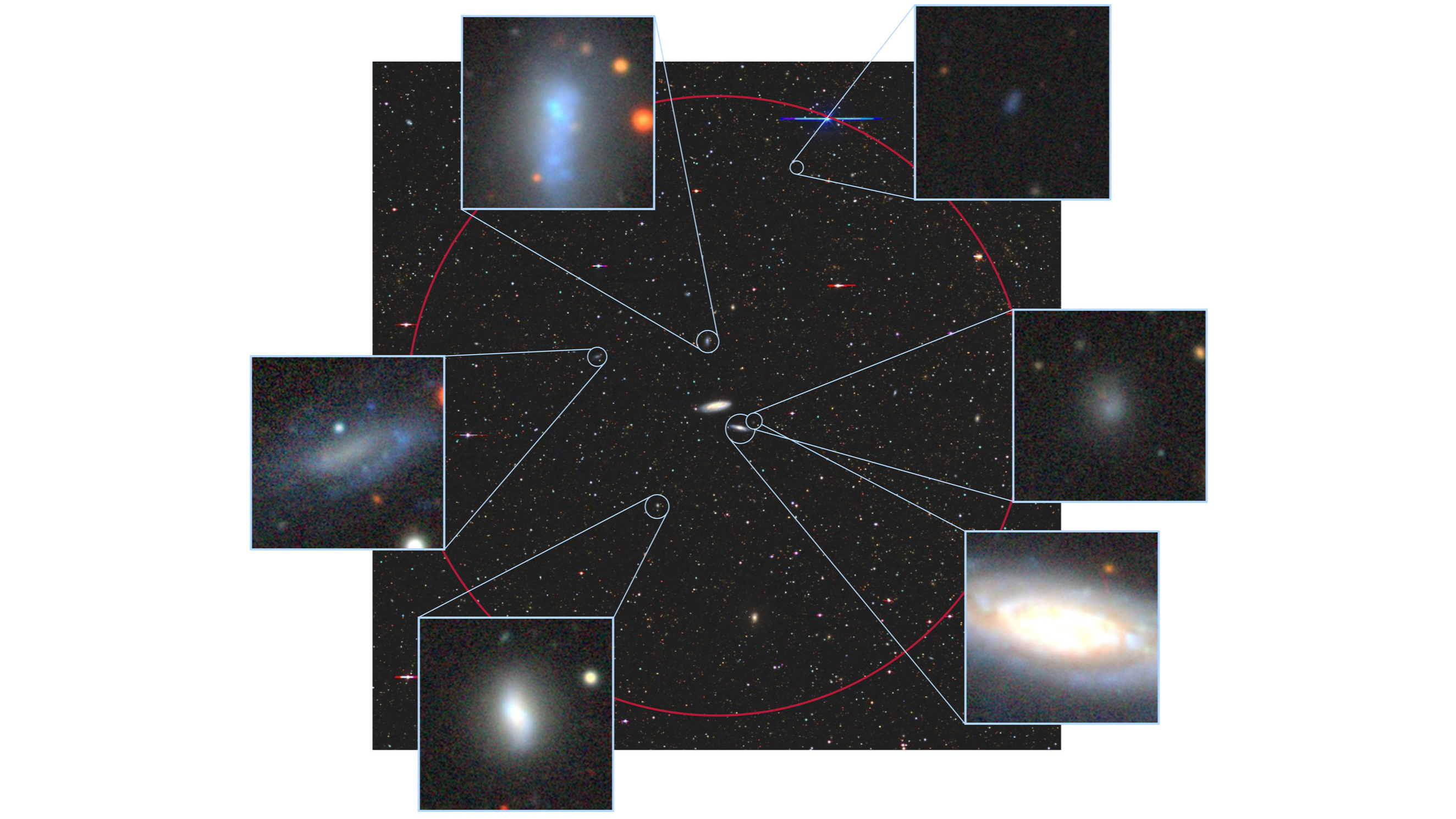 six small square magnifying stellar objects follow lines to dots on an image of stars and galaxies.