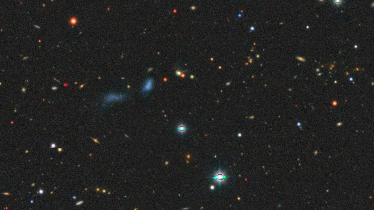 5 galaxies in good alignment downside our biggest model of the universe